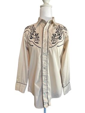 Vintage Kracto Embroidered Western Pearl Snap Shirt Cream Black Floral S